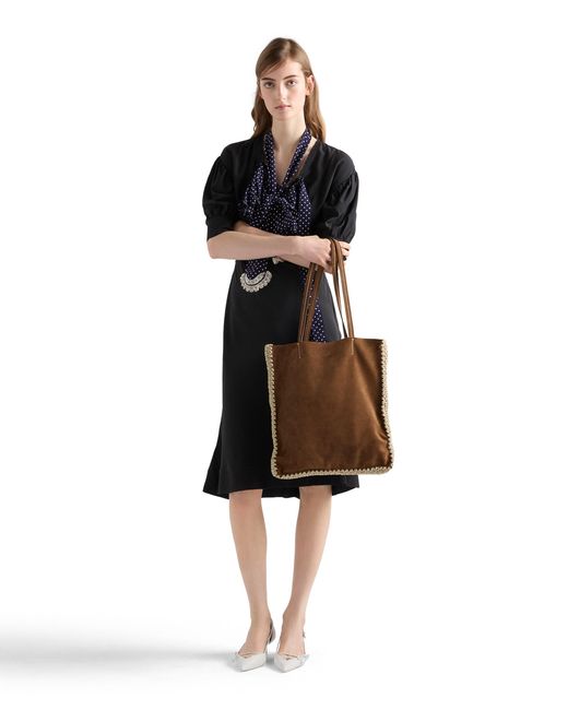 Prada Brown Large Suede And Crochet Tote Bag