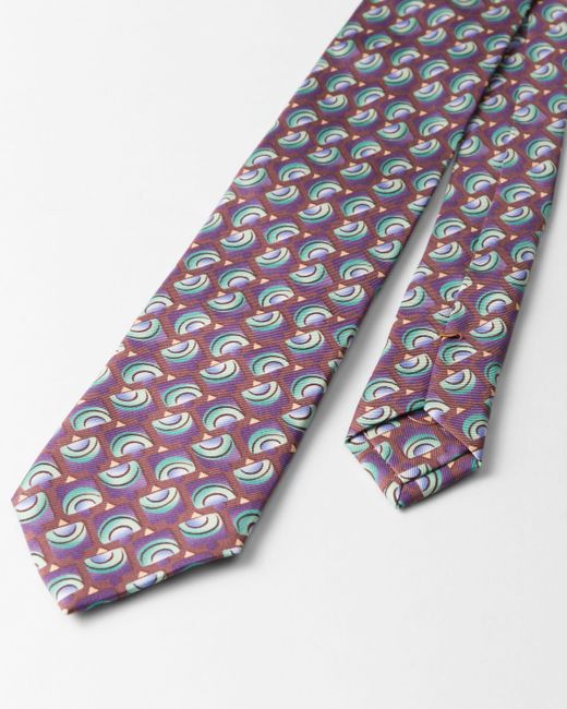 Prada White Silk Twill Tie With Geometric Print for men