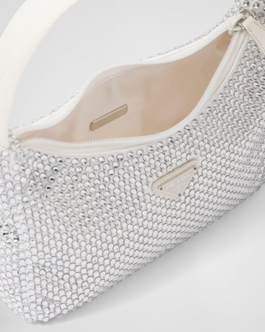 Mini Sac Re-Edition En Satin À Cristaux Prada en coloris White