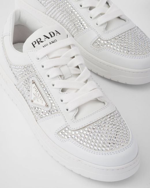 Prada White Leather Sneakers With Crystals