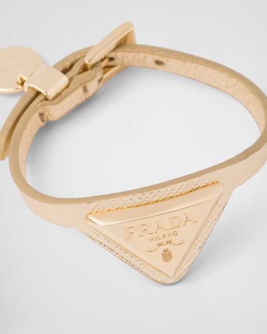 Prada White Saffiano Leather And Metal Bracelet