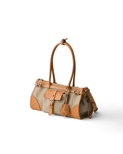 Prada White Bonnie Medium Linen And Leather Handbag