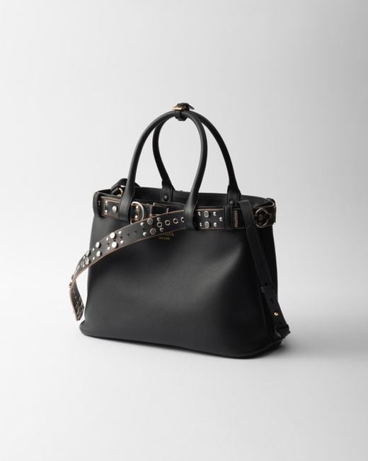 Prada Black Large Buckle Leather Bag With Studded Belt