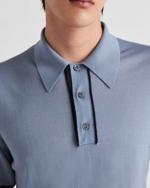 Prada Blue Wool Polo Shirt for men