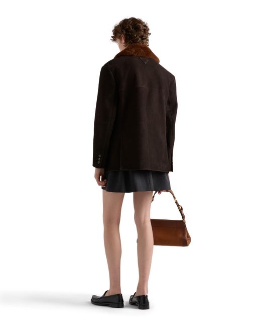 Prada Black Shearling-Trimmed Suede Caban Jacket