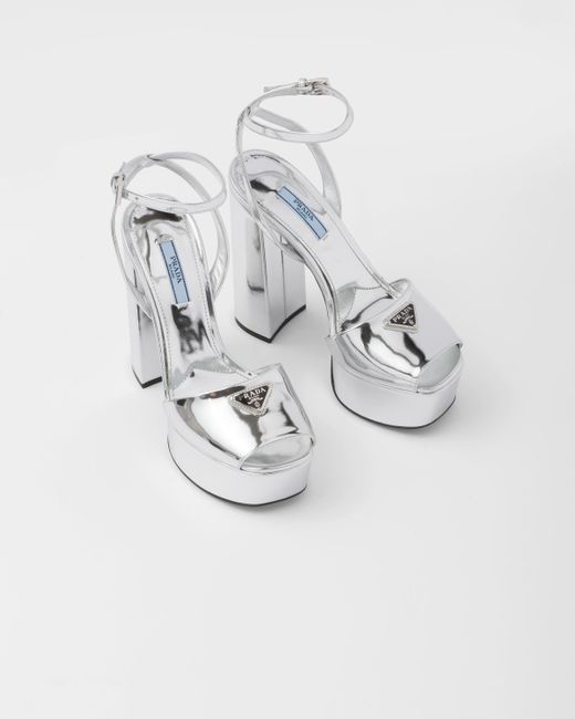 Prada White Metallic Leather Platform Sandals