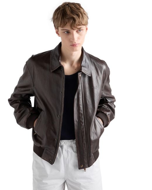 Prada Brown Nappa Leather Bomber Jacket for men