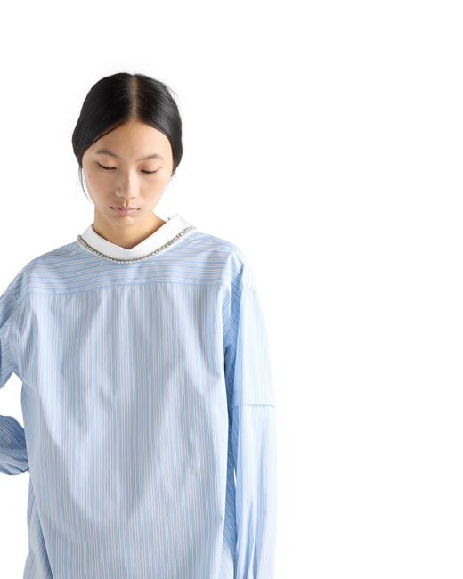 Prada Blue Embroidered Striped Poplin Top