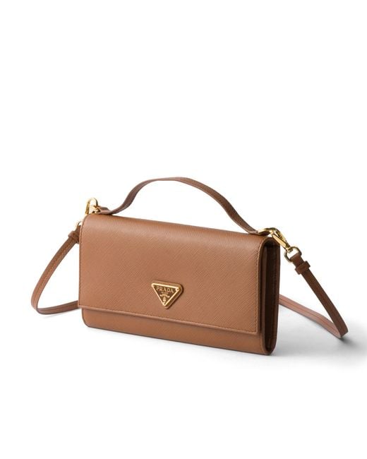 Prada Brown Saffiano Leather Wallet With Shoulder Strap