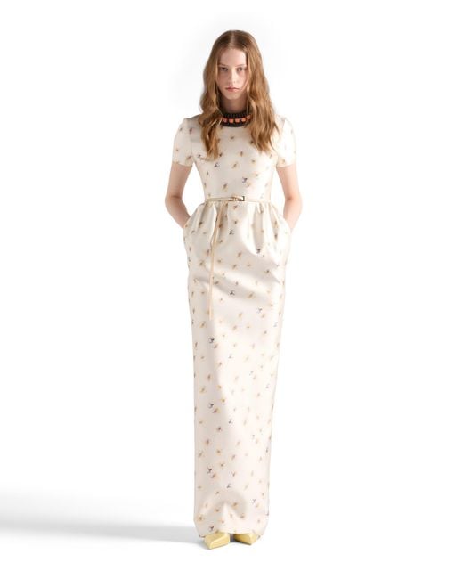 Prada White Long Floral Print Silk And Wool Dress