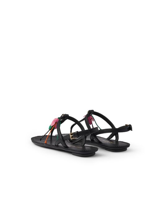 Prada White Antiqued Leather Thong Sandals With Floral Ornament