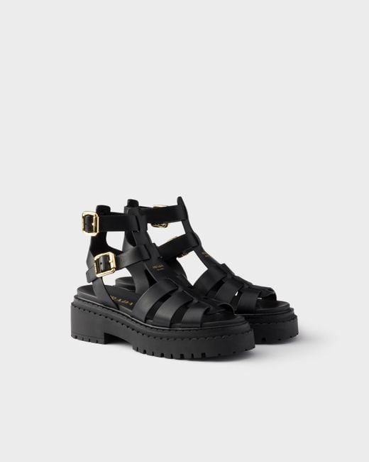Prada Black Leather Sandals With Ankle Straps