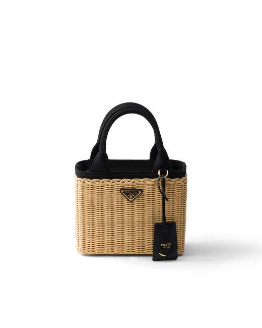 Prada Multicolor Small Wicker And Canvas Tote Bag
