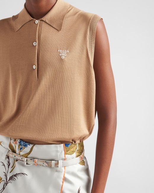 Prada Natural Sleeveless Silk Polo Shirt