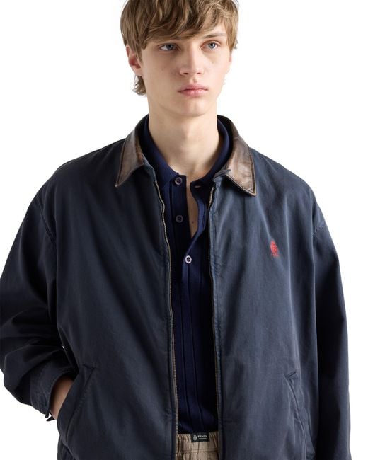 Prada Blue Cotton Jacket With Leather Details for men