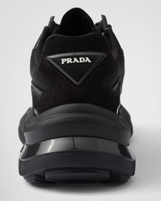 Prada Black Brushed Leather, Bike Fabric, And Suede Sneakers