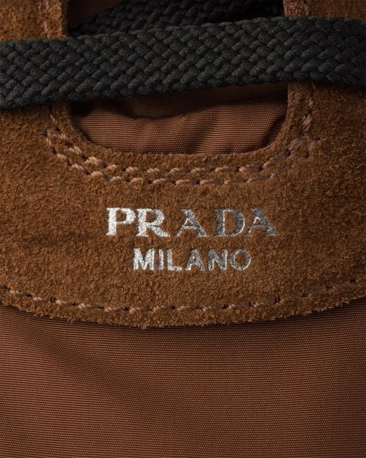 Prada Brown Collapse Re-Nylon And Suede Elasticized Sneakers, Palisander for men