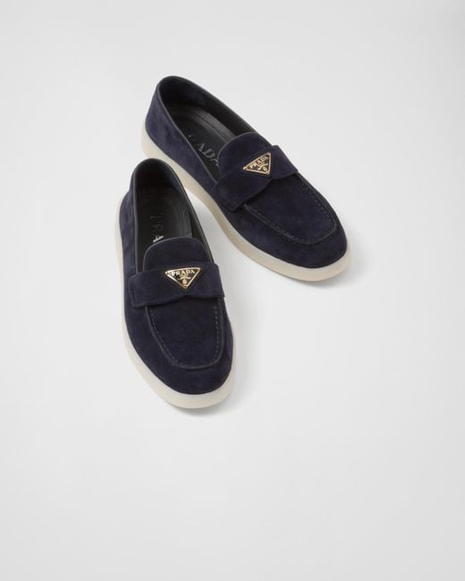 Prada Blue Suede Triangle Loafers