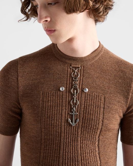Pull À Col Rond En Laine Avec Clous Prada pour homme en coloris Brown