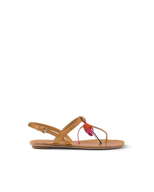 Prada White Antiqued Leather Thong Sandals With Floral Ornament