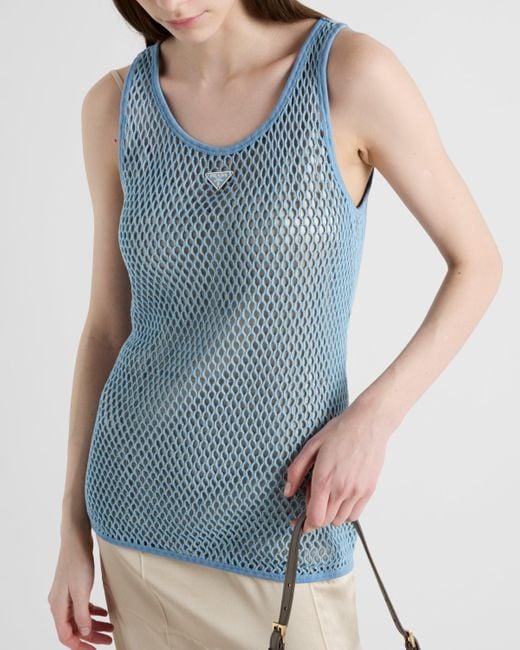 Prada Blue Sleeveless Cotton Mesh Top