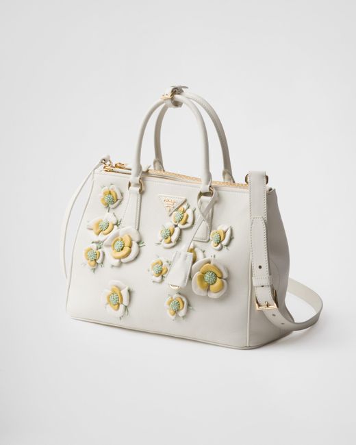 Prada White Large Galleria Leather Bag With Floral Appliqués