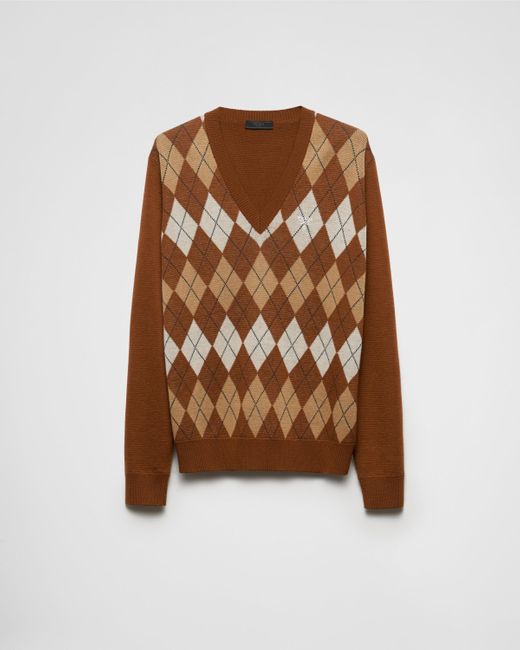 Prada Brown Wool Sweater With An Argyle Pattern for men
