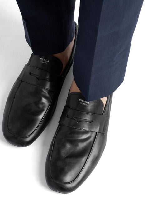 Prada Black Shuffle Antiqued Leather Loafers for men