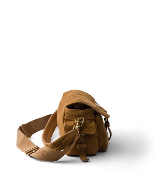 Prada Brown Explore Medium Suede Shoulder Bag With Flap