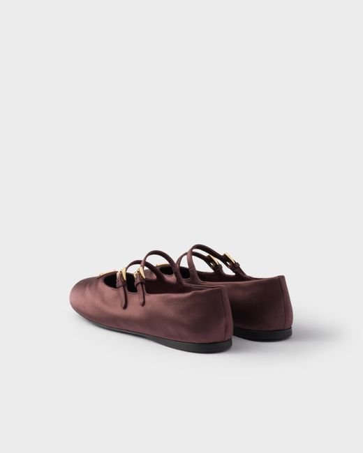 Prada Double-Strap Satin Mary Jane Flats in Brown | Lyst UK