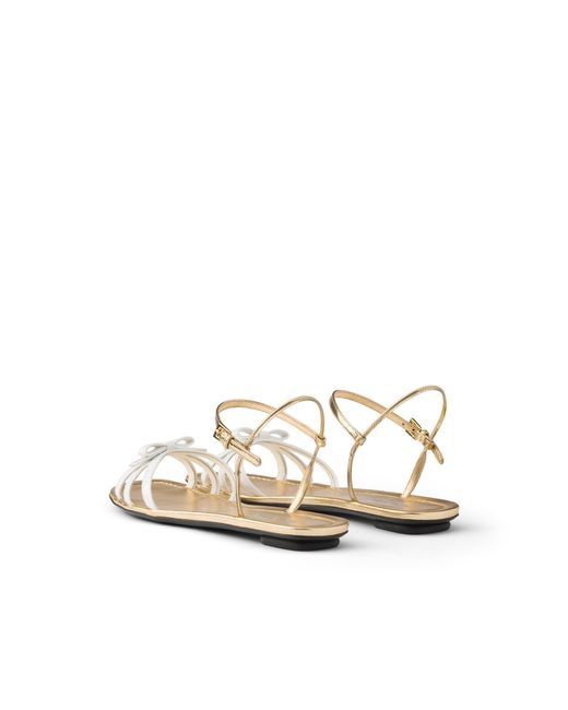 Prada White Flat Patent And Metallic Leather Sandals