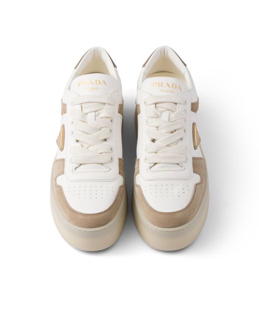 Prada Natural Downtown Bold Nappa Leather And Suede Sneakers