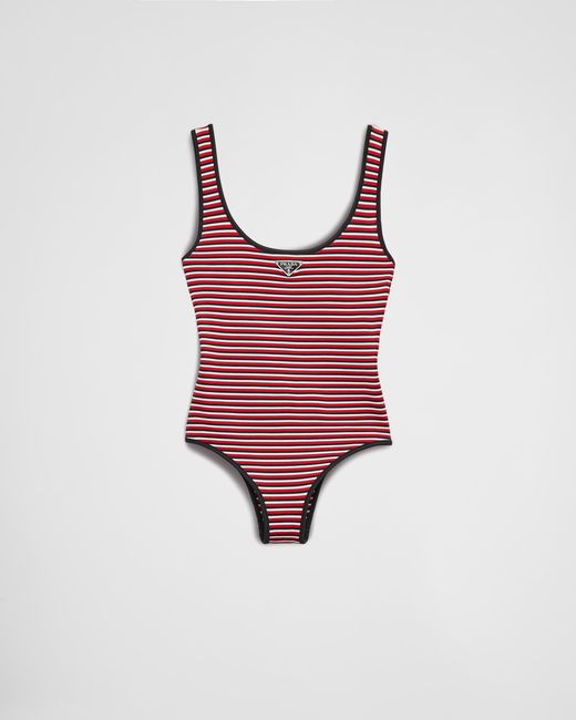 Prada Red Striped Interlock Jersey One-Piece Swimsuit