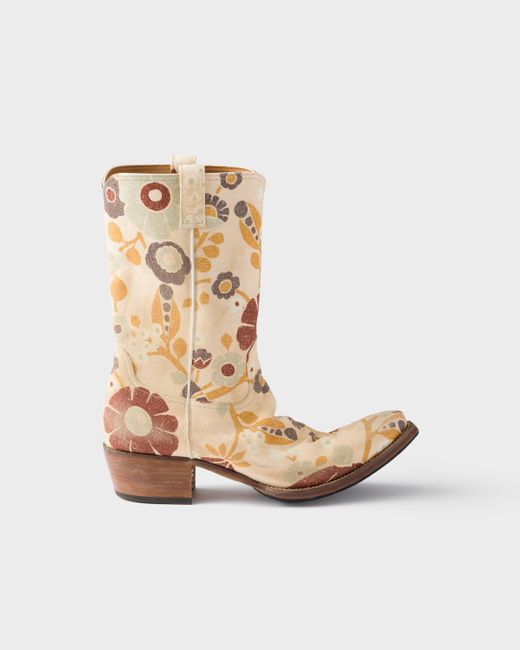 Prada White Printed Fabric Boots for men