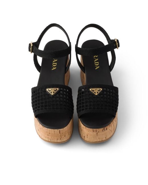 Prada Black Crochet Wedge Platform Sandals, Size 36