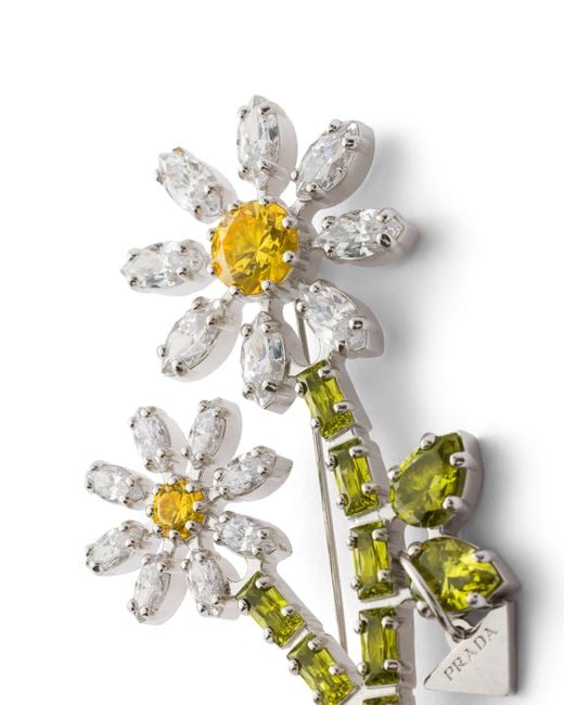 Prada White Metal Brooch With Crystals