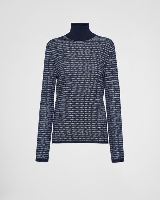 Prada Blue Superfine Wool Turtleneck Sweater With Intarsia Logo