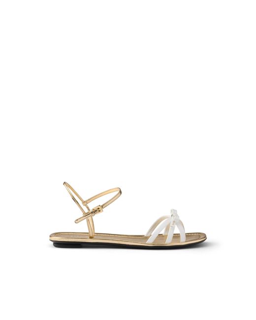 Prada White Flat Patent And Metallic Leather Sandals