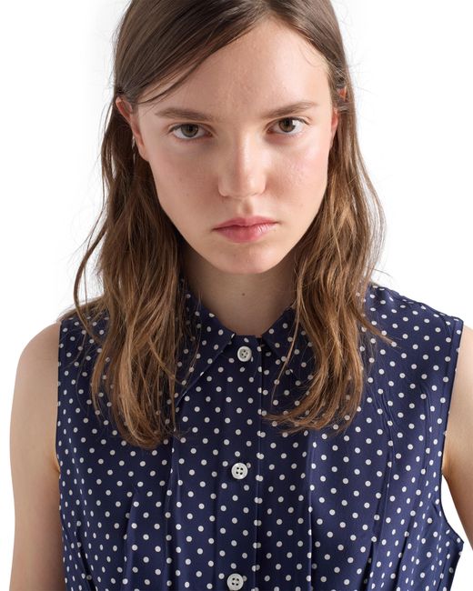Prada Blue Sleeveless Polka-Dot Marocain Silk Shirt