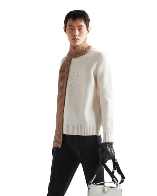 Prada White Brand-Embroidered Crewneck Wool And Cashmere-Blend Jumper for men