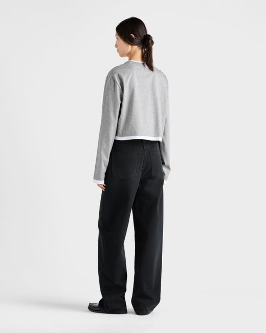Prada Gray Langarm-T-Shirt Aus Baumwoll-Jersey