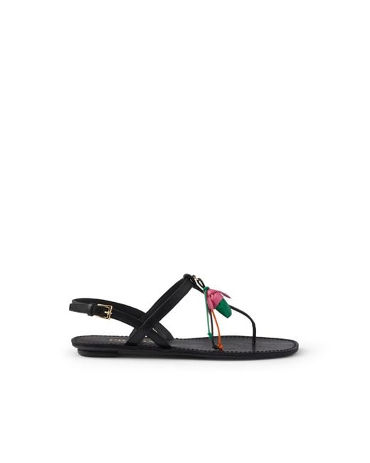Prada White Antiqued Leather Thong Sandals With Floral Ornament