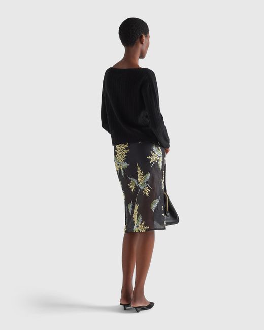 Prada Black Embroidered Organza Midi-Skirt