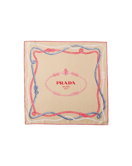 Prada White Printed Silk Twill Scarf 55 Camel