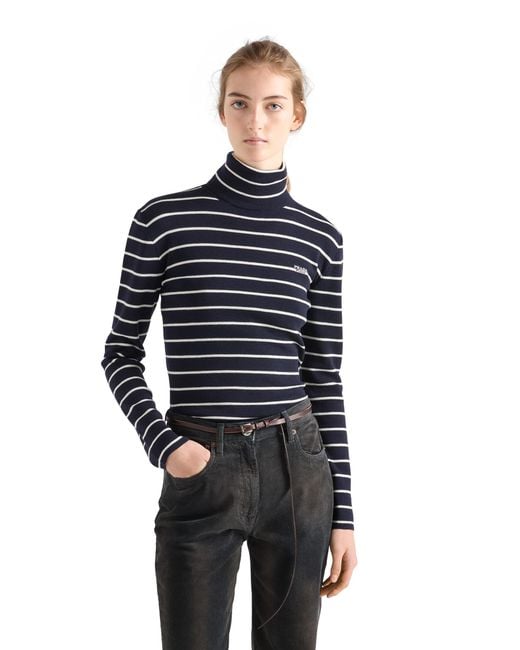 Prada Blue Striped Wool Turtleneck Sweater
