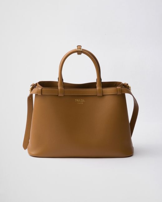 Prada Brown Buckle Medium Leather Handbag With Double Belt