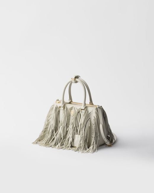 Prada White Galleria Small Leather Bag With Fringe