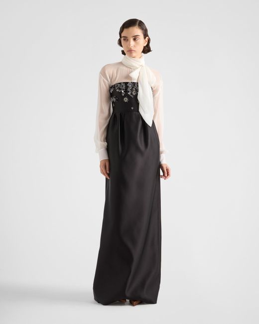 Prada Long Embroidered Satin Dress in Black | Lyst