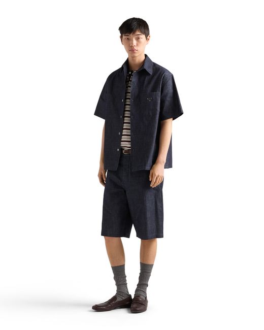 Prada Blue Short-Sleeved Chambray Denim Shirt for men