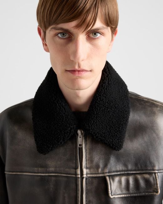 Prada Black Shearling-Trimmed Leather Jacket for men